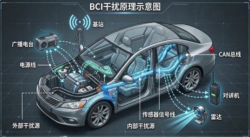 BCI干扰原理示意图 BCI干扰原理示意:线束耦合射频干扰形成共模电流