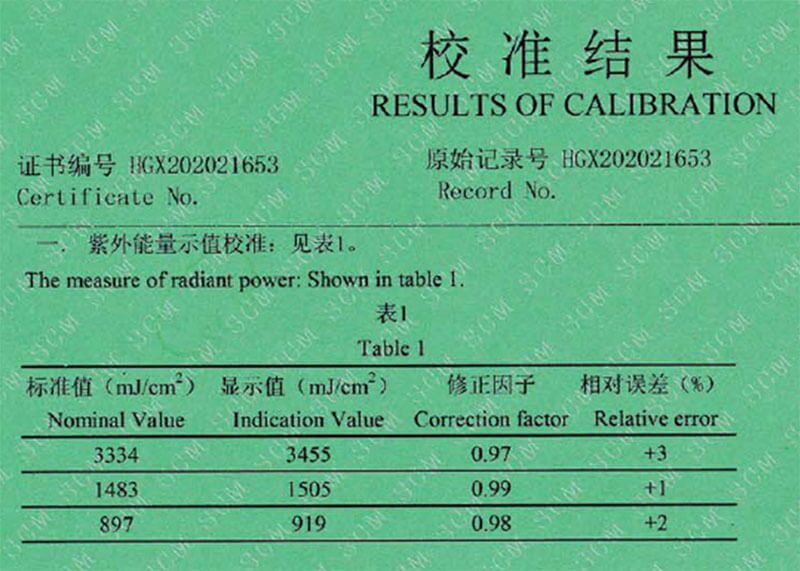 紫外能量示值校准表格