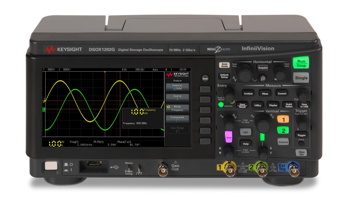 DSOX1202G 示波器：70/100/200 MHz，2 个模拟通道，内置波形发生器